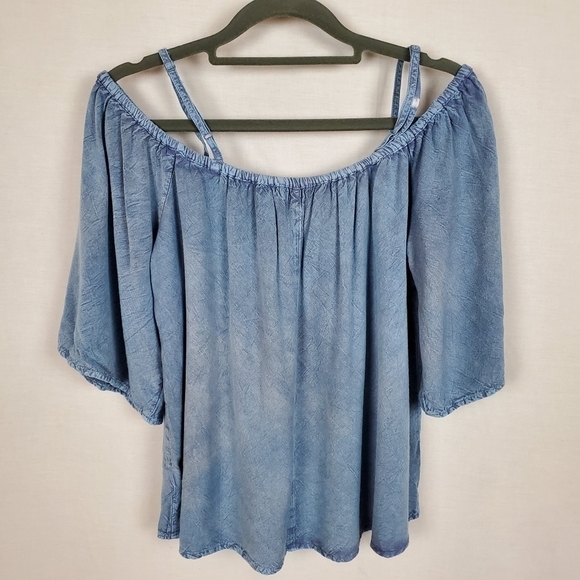 Shabby chic Chambray sz S off shoulder flowy top - Picture 4 of 8